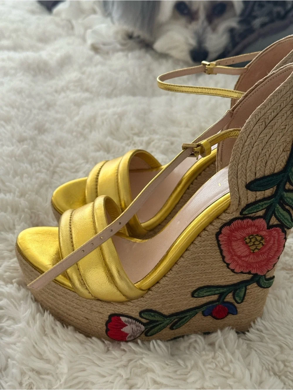 Gucci Metallic Gold Leather High Wedge Espadrille Sandals ; size 37 EUC - Picture 11 of 13